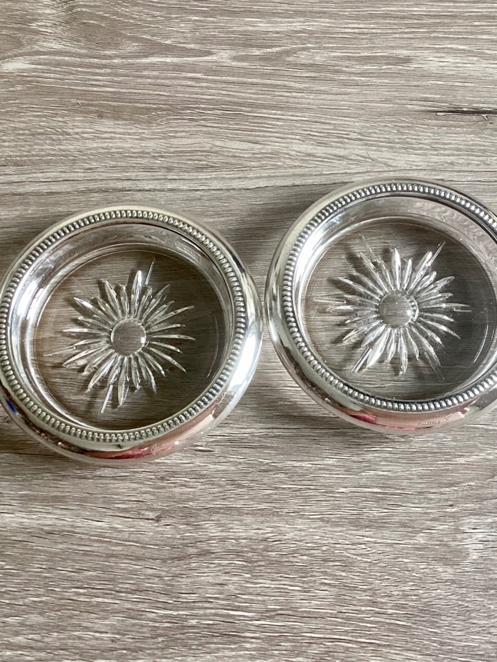 Vintage Set of 2 Leonard Italy Genuine Crystal Silverplate Coasters Starburst